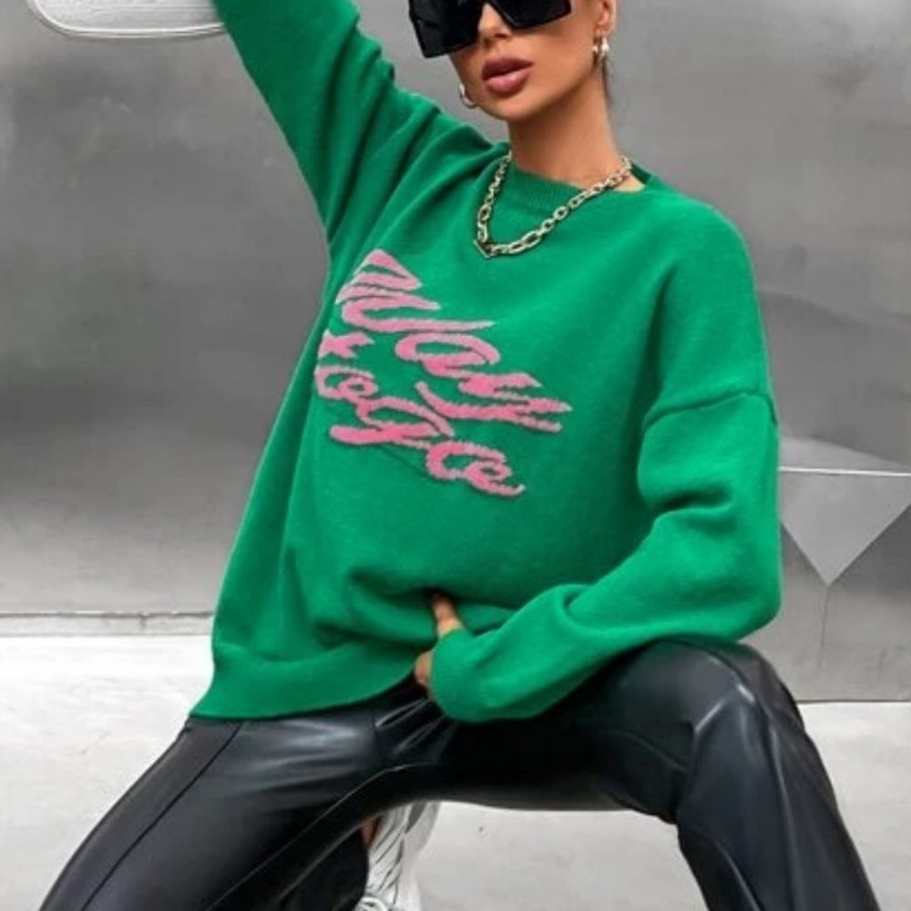 WAY TO GO graphic green pink long sleeve knit sweater top - Picture 8 of 10